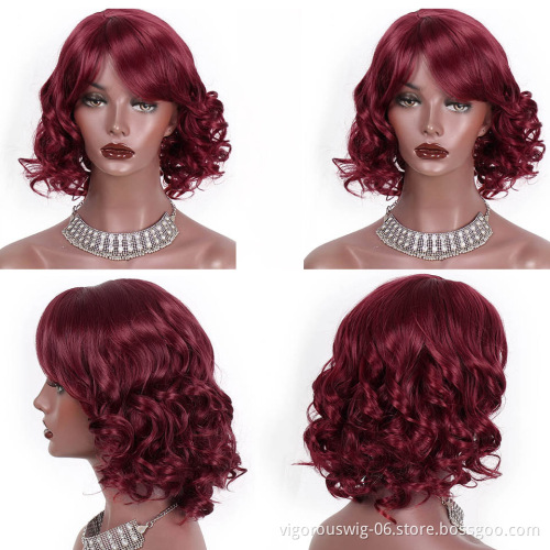 Vigorous Synthetic Curly Wave Wig Heat Resistant Natural Black Bob Style Wig with Inclined Bangs for Women Daily Party